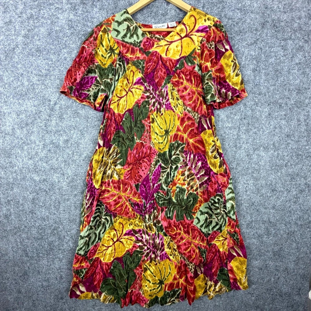 Sante Classics Patio House Dress Women Small Orange Tropical Botanical Crinkle